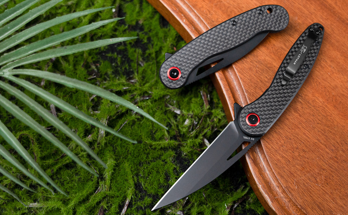 LOTHAR Seagull Couteau EDC à lame D2 de 3" et cran intérieur, avec manche en fibre de carbone