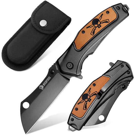 NedFoss MIEBA Folding Knife Outdoor, D2 Pocket Knife with Cleaver Blade, 8.5cm One-Handed Knife with Sheath, Sharp Outdoor Knife with Belt Clip, Survival Knife for Collection & Gifts