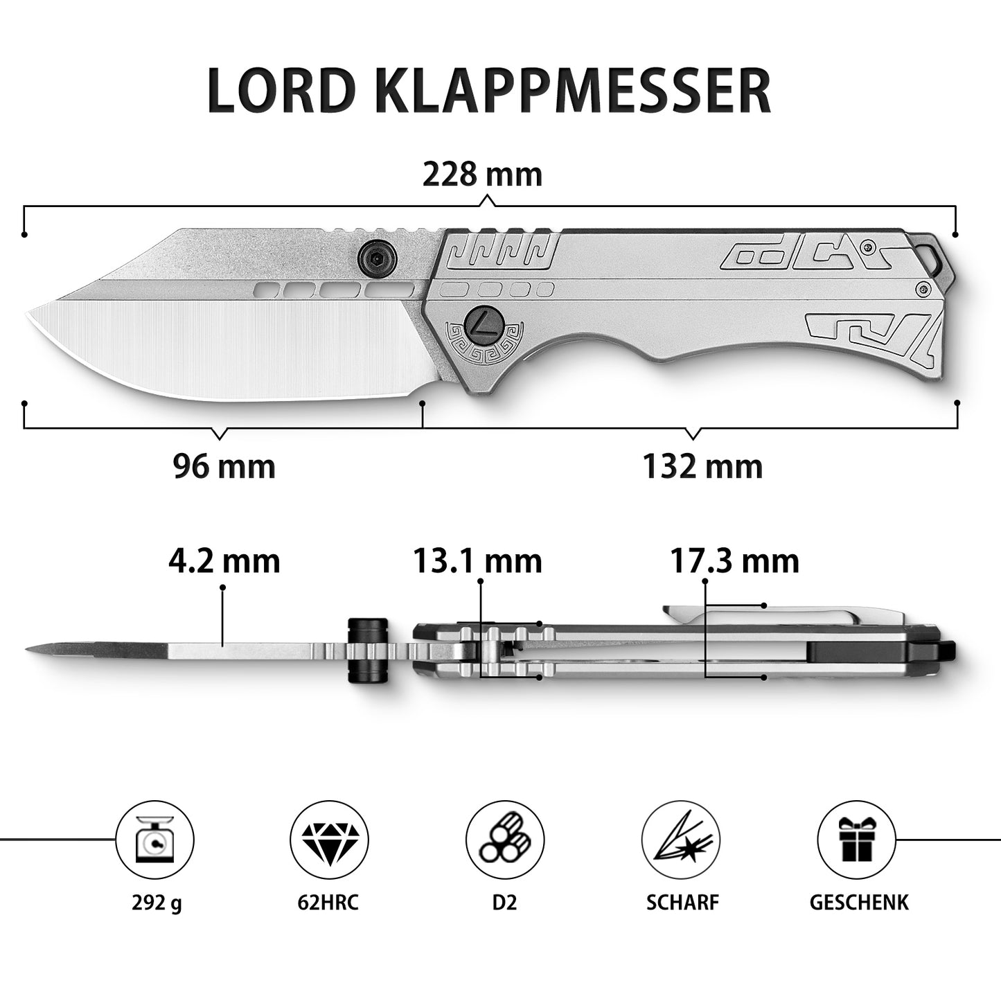 LOTHAR LORD Folding Knife, D2 Steel One-Handed Knife with Belt Clip, 420 Steel Handle, Large Outdoor Knife, Suitable for Collection