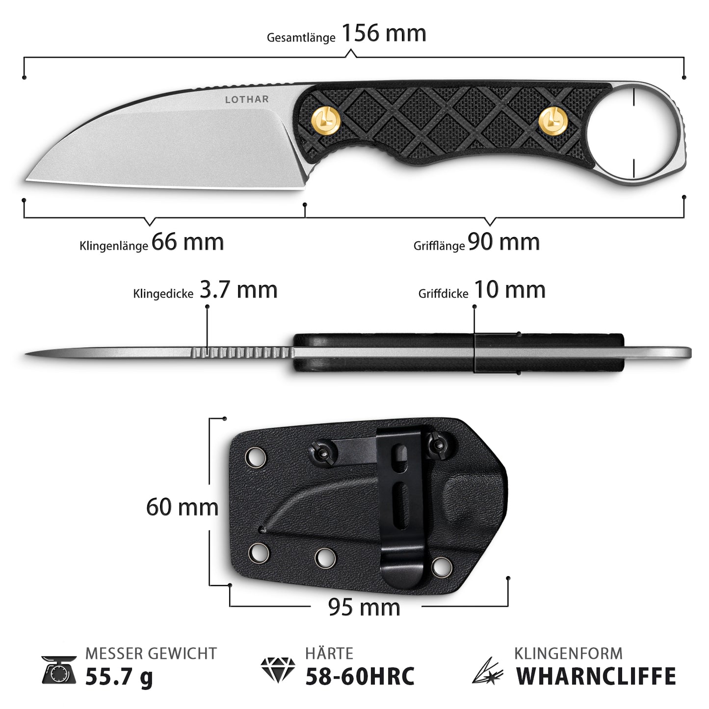 LOTHAR BEAVER Neck Knife, 14C28N Steel Full Tang Small Fixed Blade Knife with G10 Handle, Outdoor Mini Knife with Kydex Sheath and Belt Clip