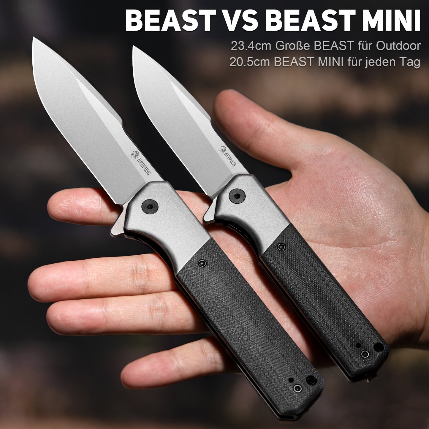 Couteau pliant NedFoss BEAST, lame acier D2 10cm, grand couteau de poche, manche G10, couteau à une main tranchant avec étui