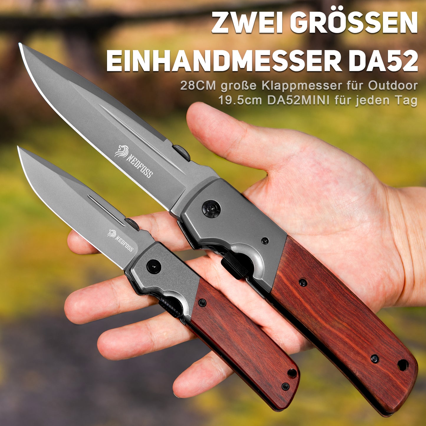 NedFoss DA52MINI Couteau pliant, couteau à une main de 8,5 cm avec manche en bois et Liner Lock, couteau de poche avec clip, couteau de survie en plein air, couteau de jardin, couteau à pain pour un usage quotidien, pour collection et cadeau