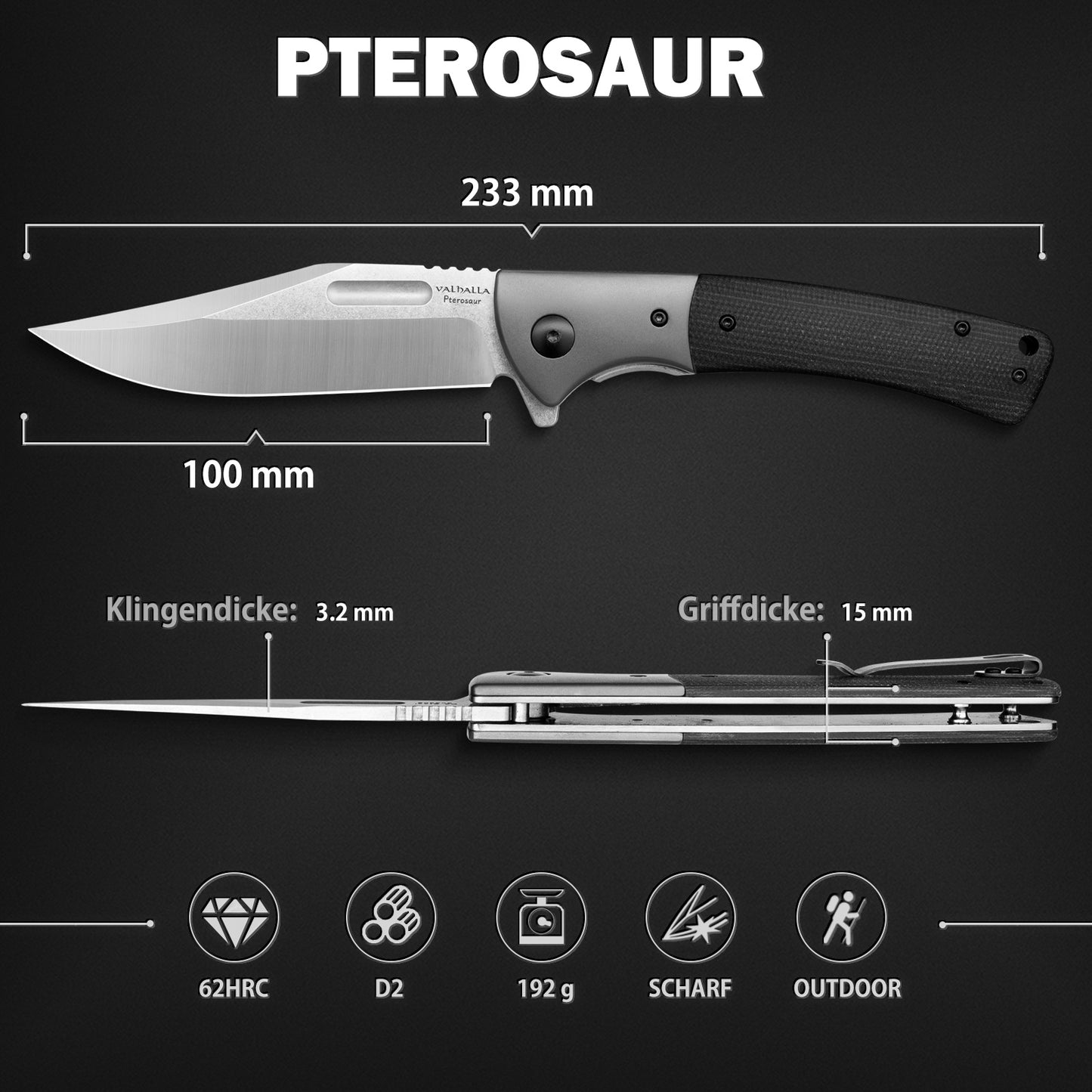 LOTHAR PTEROSAUR Couteau pliant, couteau à ouverture à une main en acier D2 avec manche Micarta, couteau de poche avec clip de ceinture, couteau d'extérieur, convient pour la collection