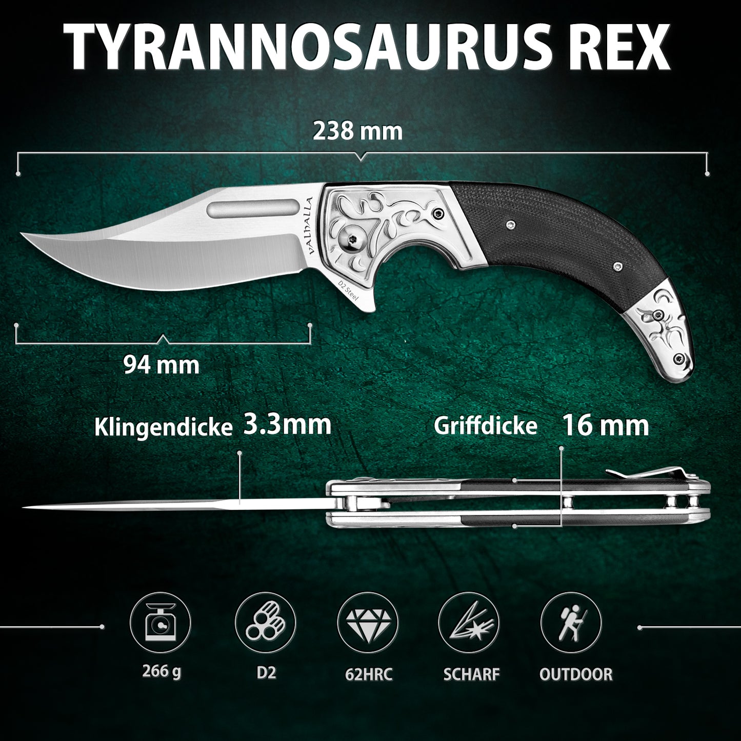 Couteau pliant LOTHAR D2, couteau à ouverture à une main avec manche G10, couteau de poche avec clip de ceinture, grand couteau d'extérieur, idéal pour collection (TYRANNOSAURUS REX)