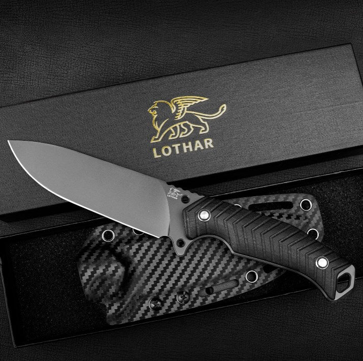 LOTHAR BAT Couteau d'extérieur à lame fixe, couteau de chasse Full Tang 12CM en acier D2, couteau de survie Bushcraft avec manche G10 et allume-feu, couteau tactique de pêche avec étui Kydex inclus