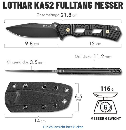 LOTHAR KA52 Hunting Knife, 9.8cm Full Tang Outdoor Knife Made of D2 Steel, G10 Handle Survival Knife with Kydex Sheath, Bushcraft Knife for Outdoor Enthusiasts