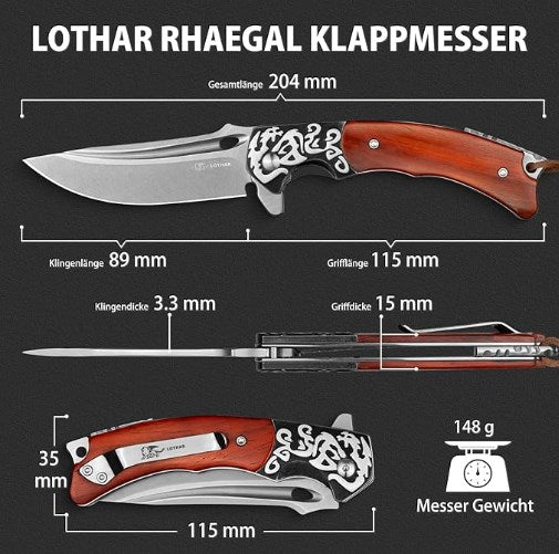 LOTHAR RHAEGAL Folding Knife, 8.9CM 14C28N Steel Pocket Knife with Wooden Handle, EDC Knife, Belt Clip, Ideal for Collection or Gift (Ebony)