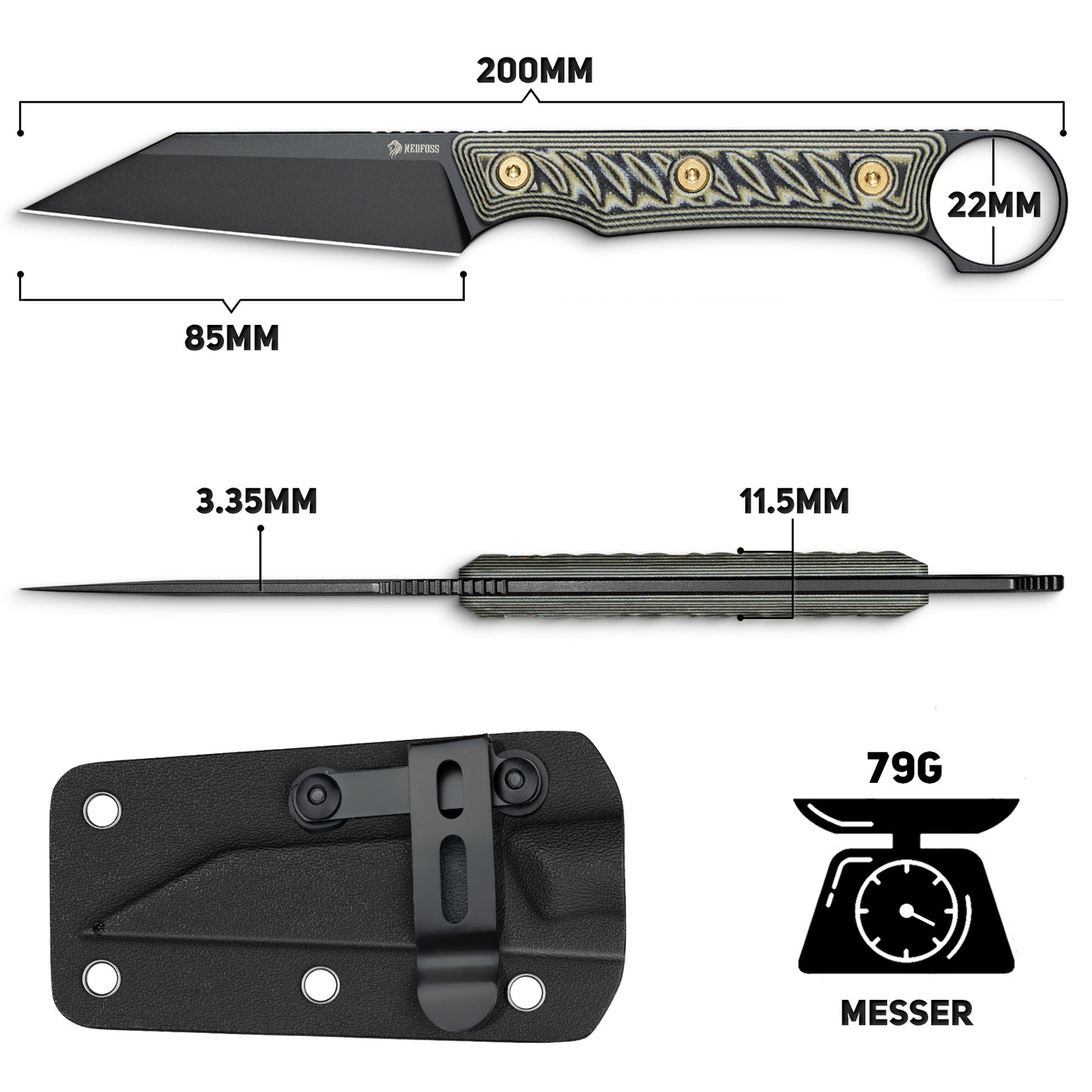 NedFoss RAVEN Couteau de Chasse, 8.5cm Acier 14C28N Full Tang Couteau de Plein Air Légal avec Manche G10 & Clip Réglable, Petit Couteau de Survie avec Étui Kydex, Couteau Bushcraft Conforme 42a, Couteau EDC