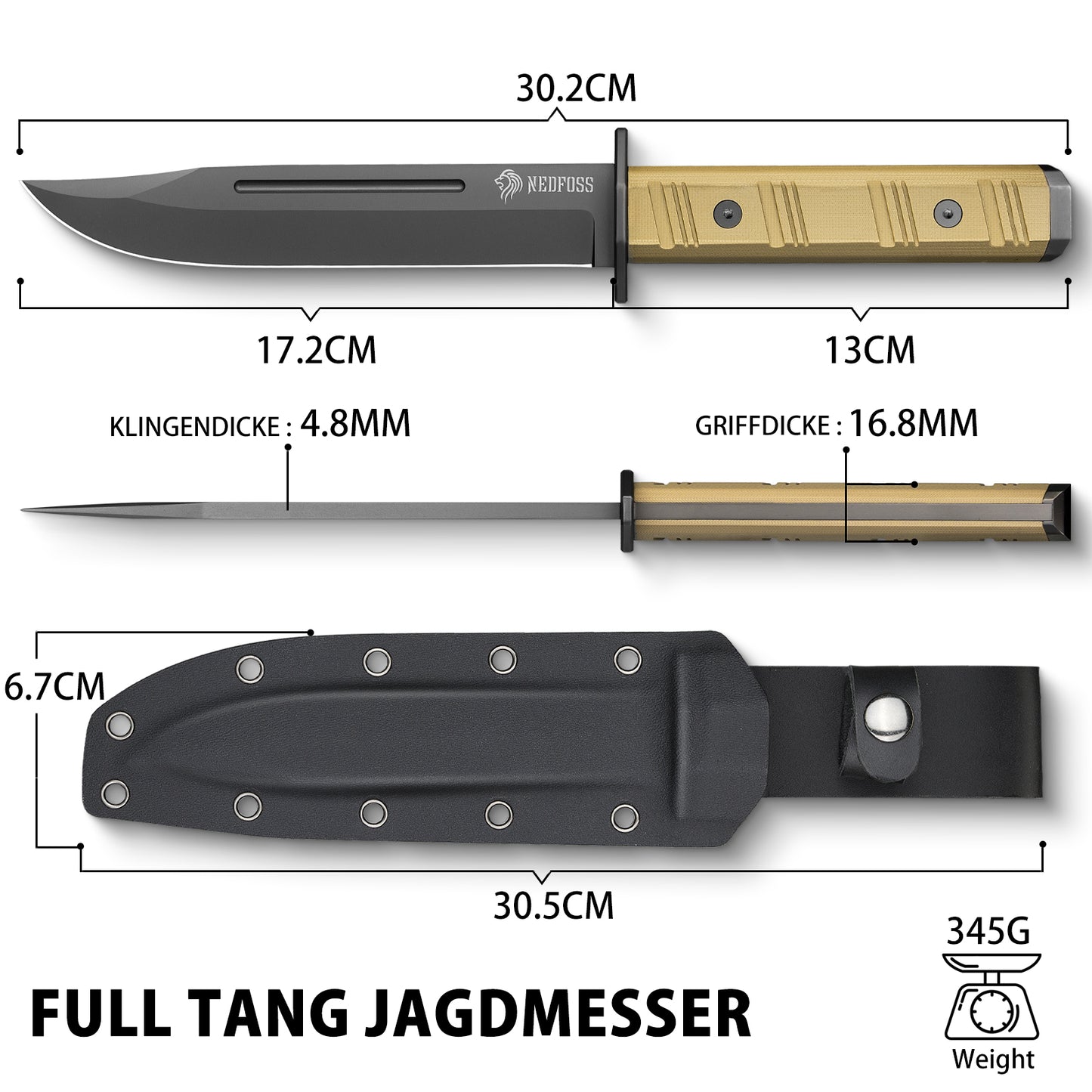 NedFoss BRAVE Couteau Bowie, 17,2 cm Acier D2 FULL TANG Couteau d'extérieur avec manche G10 et étui Kydex, Couteau de survie avec Titane