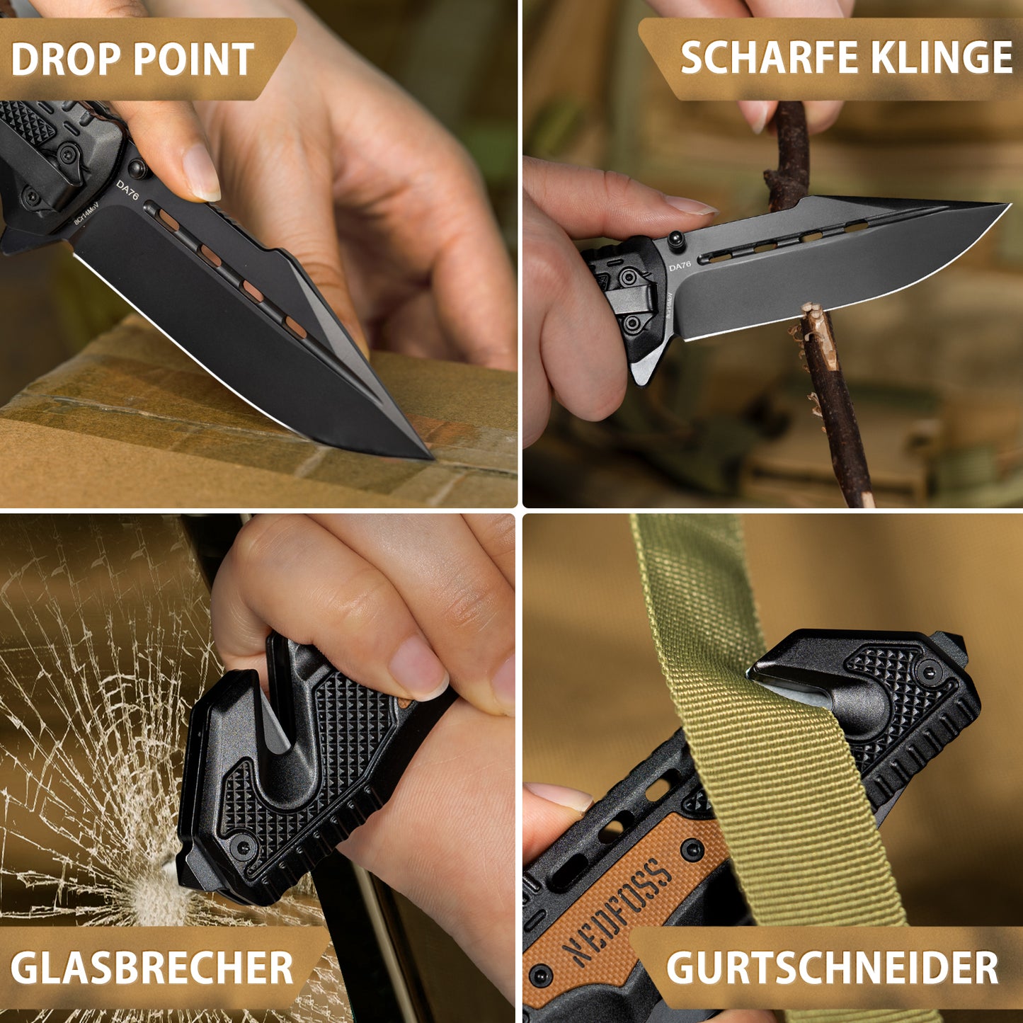 NedFoss DA76 Couteau de sauvetage professionnel, couteau pliant 10cm avec coupe-ceinture & brise-vitre, couteau de poche avec liner lock & roulement à billes, couteau à ouverture à une main pour voiture, couteau d'urgence extérieur avec clip ceinture