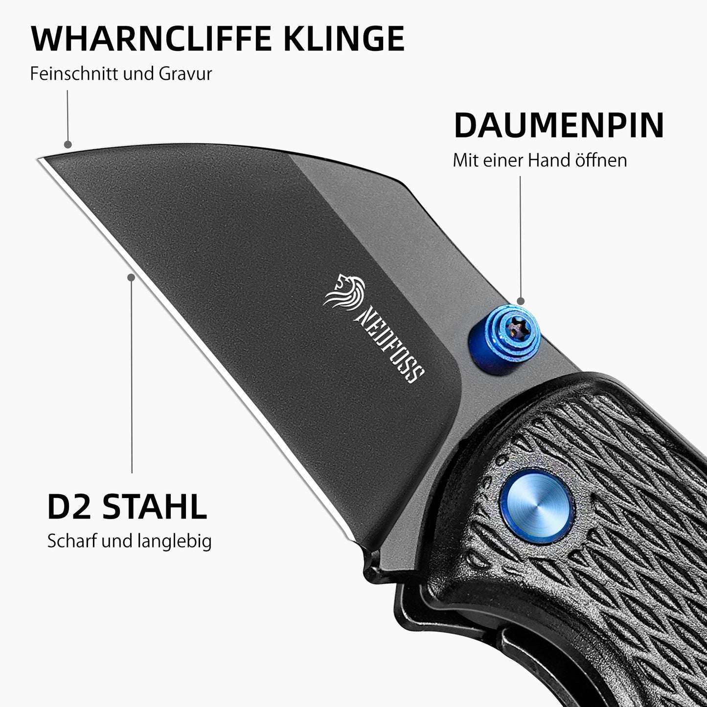 NedFoss OWL Folding Knife, 3.7cm D2 Steel Mini Pocket Knife with Aluminum Handle, One-Handed Knife with Liner Lock, Keychain Knife with Carabiner, EDC Knife for Everyday Use, Collection & Gift
