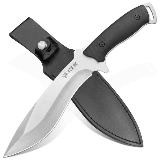 NedFoss BIG DOG Kukri Outdoor Knife with Genuine Leather Sheath, Survival Hunting Knife Made from a Single Piece of Steel, Bushcraft & Survival Knife with Non-Slip G10 Handle, Black