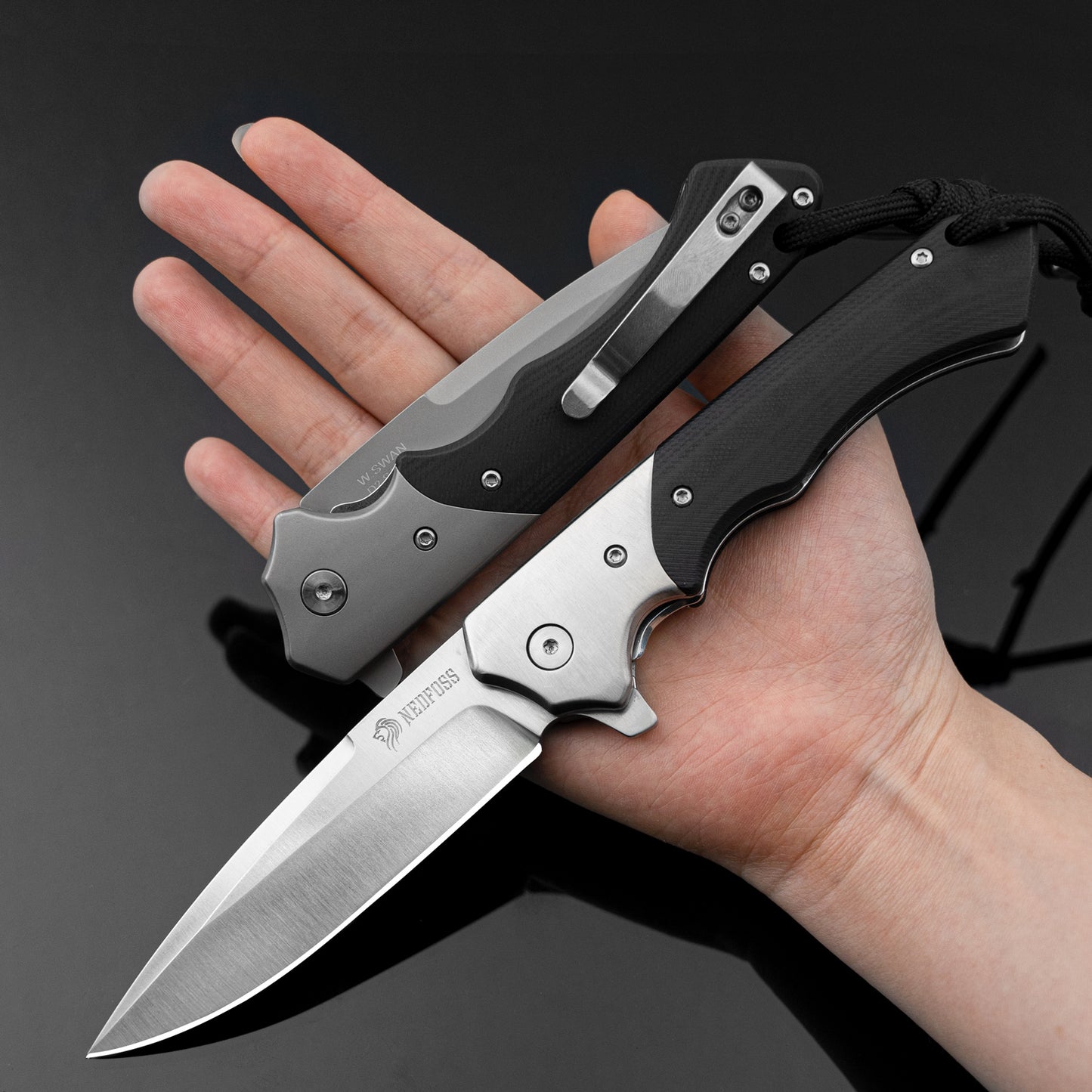 Nedfoss SWAN Folding Knife, D2 Steel Pocket Knife with G10 Handle, Sharp One-Handed Folding Knife with Belt Clip