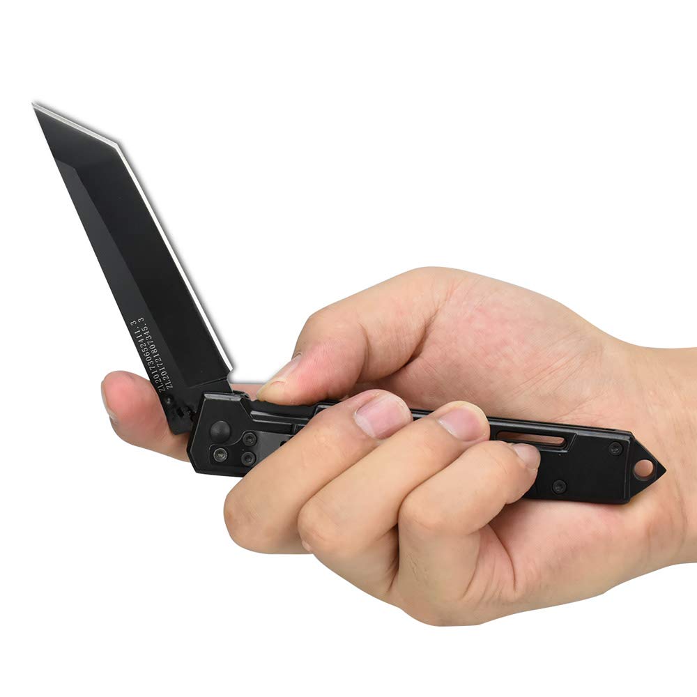 NedFoss DG-BK Couteau pliant Tanto à ouverture assistée, couteau de survie EDC, longueur de lame 8,5 cm (noir)