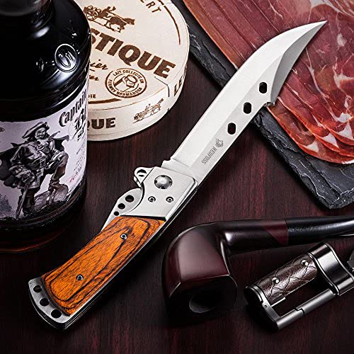 NedFoss FA50 Folding Knife, Two-Handed Knife, Folding Hunting Knife with Rosewood Handle, Large Outdoor Knife for Camping & Hiking, Survival Knife, Hunting Knife with Belt Pouch