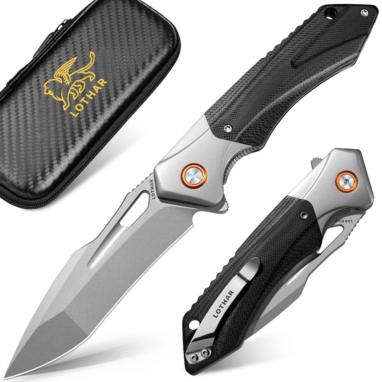 LOTHAR LICH KING Folding Knife, Pocket Knife Made of D2 Steel, One-Handed Knife with G10 Handle, Outdoor Survival Knife for Camping, Hunting & Adventure (D2-Grey)