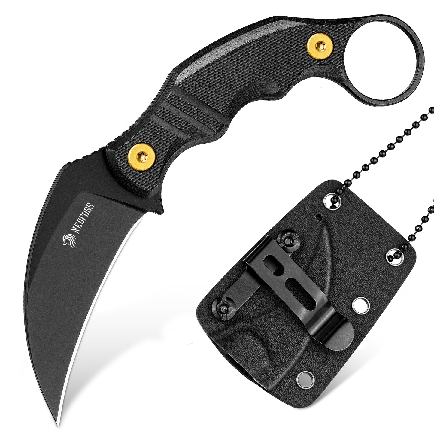 NedFoss Couteau de cou VULTURE, 6 cm Acier 14C28N FULL TANG Couteau d'extérieur Survie avec manche G10 et étui Kydex, mini couteau fixe dans une boîte cadeau pour collection, camping