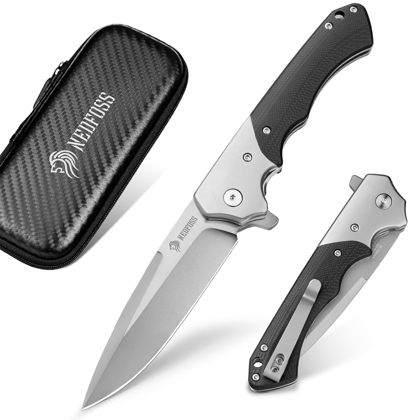 NedFoss SWAN Couteau pliant aiguisé, Couteau de poche pliant, Couteau pliant tranchant d'extérieur en acier D2, Couteau de chasse avec manche G10, Couteau à ouverture à une main, Couteau pliant de survie avec clip de ceinture