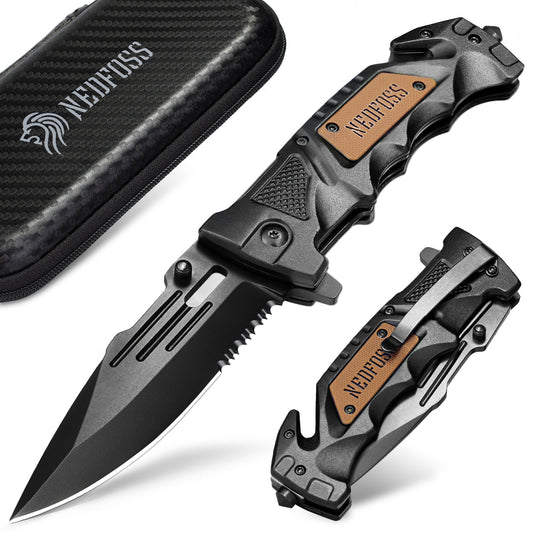 NedFoss DA75 Professional Rescue Knife, 10cm Folding Knife with Seatbelt Cutter & Glass Breaker, Pocket Knife with Liner Lock & Ball Bearings, One-Handed Knife for Car, Outdoor Emergency Knife with Belt Clip