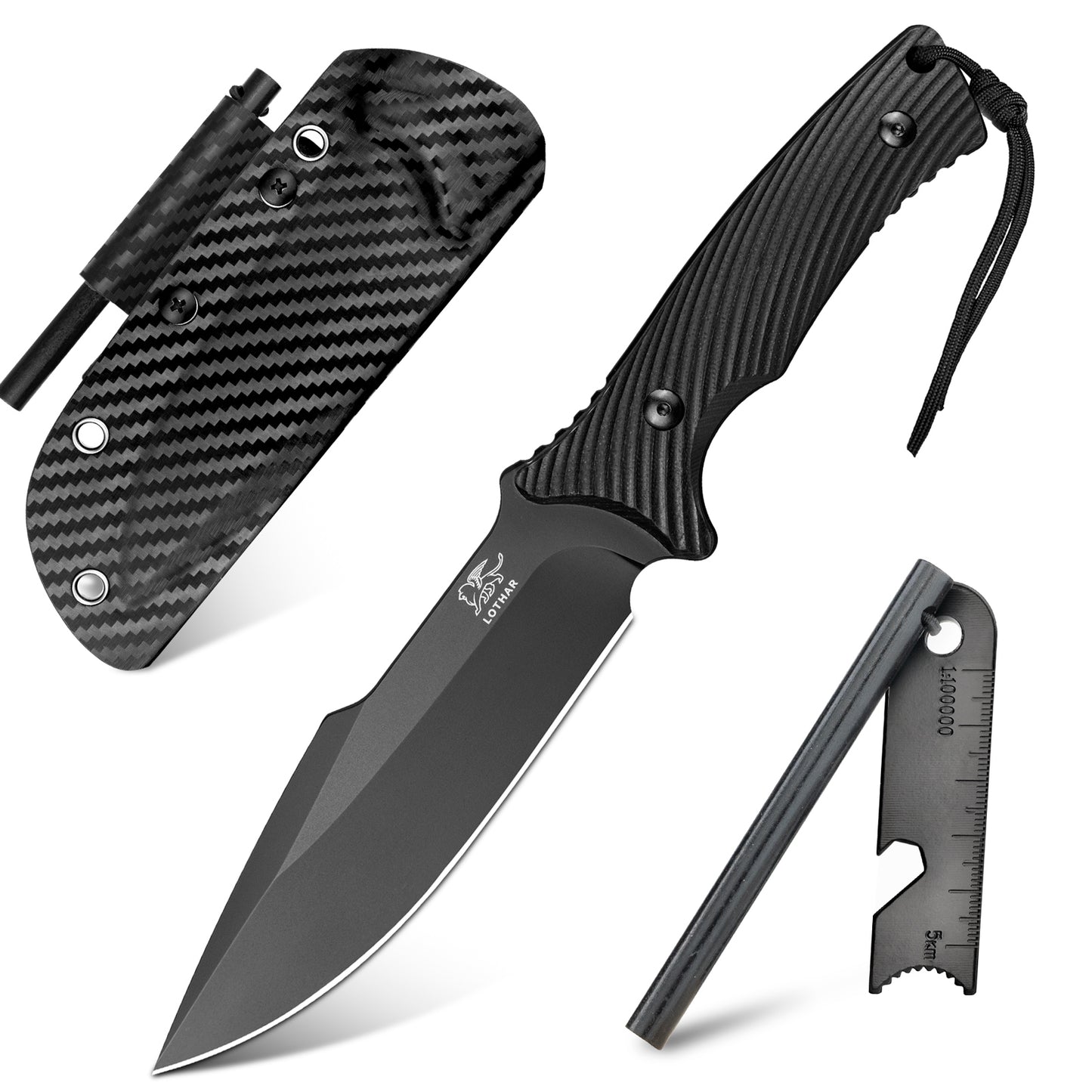 LOTHAR Couteau de survie pour homme, lame D2 pleine soie, lame fixe, couteau de chasse avec étui Kydex et manche G10, couteau de chasse pour le camping et les activités de plein air, cadeau de Noël pour homme, papa, mari