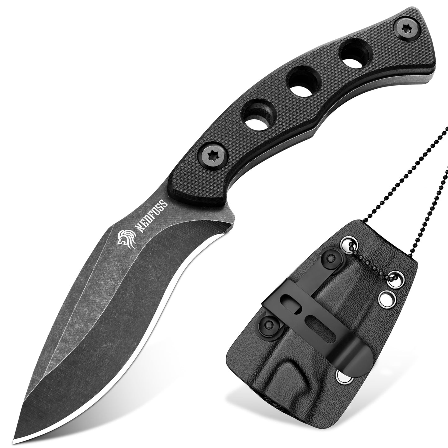 NedFoss SQUIRREL Couteau de cou avec chaîne, pleine soie, mini couteau d'extérieur, couteau Bushcraft avec étui Kydex noir