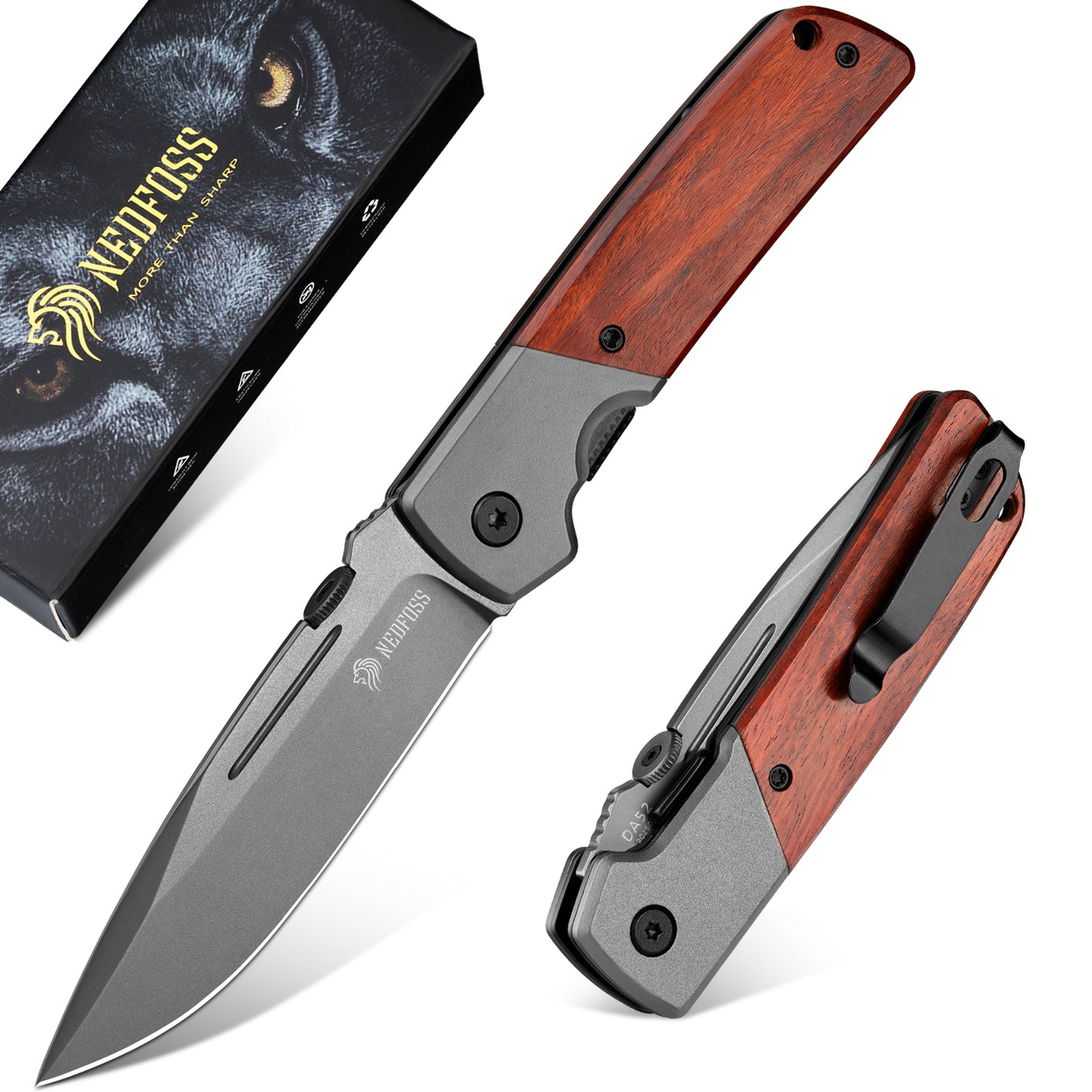 NedFoss DA52MINI Klappmesser, 8.5cm Einhandmesser mit Holzgriff & Liner Lock, Taschenmesser mit Clip, Outdoor Survival Messer, Gartenmesser, Brotmesser für den Alltag, als Sammlung & Geschenk