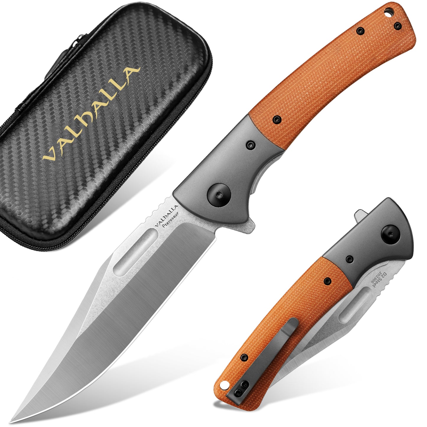LOTHAR PTEROSAUR Couteau pliant, couteau à ouverture à une main en acier D2 avec manche Micarta, couteau de poche avec clip de ceinture, couteau d'extérieur, convient pour la collection