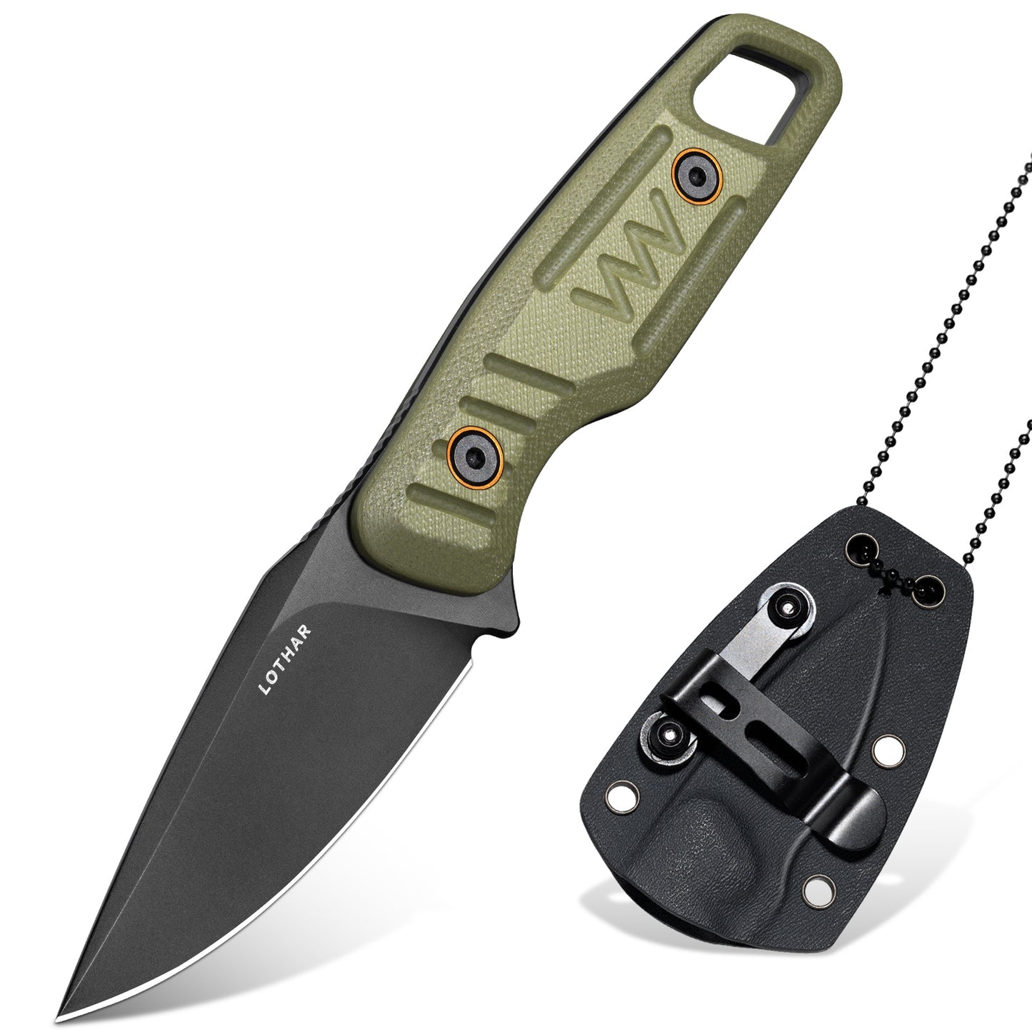 LOTHAR TURTLE Couteau de camping 2,75" avec lame fixe en acier 14C28N, petit couteau de cou avec manche G10 vert et étui