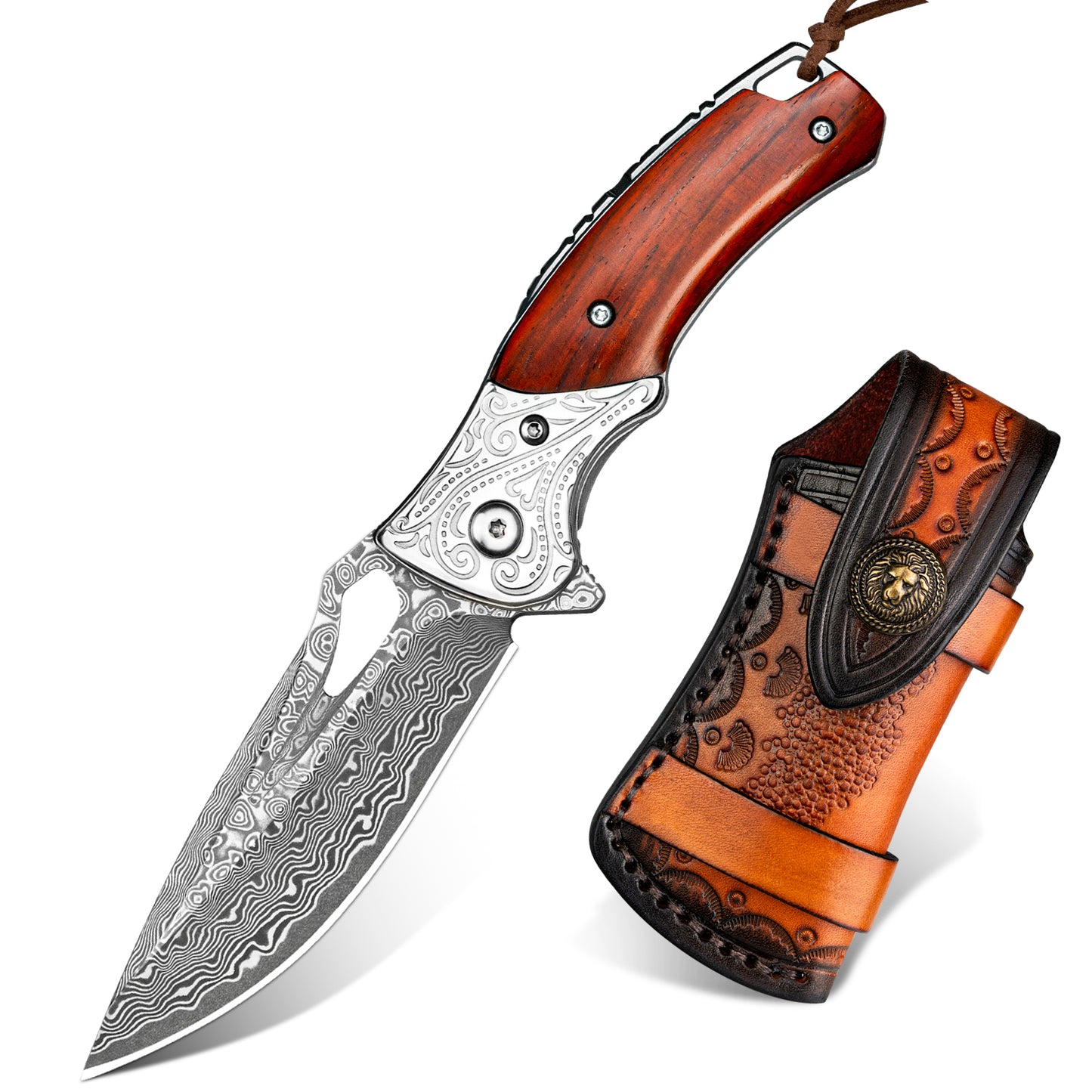 NedFoss HERON Damascus Pocket Knife, Damascus Folding Knife with Yellow Sandalwood Handle with Beautiful Pattern, Mini One-Handed Knife with Sheath, Sharp Outdoor Knives for Hunting, Camping and Collecting