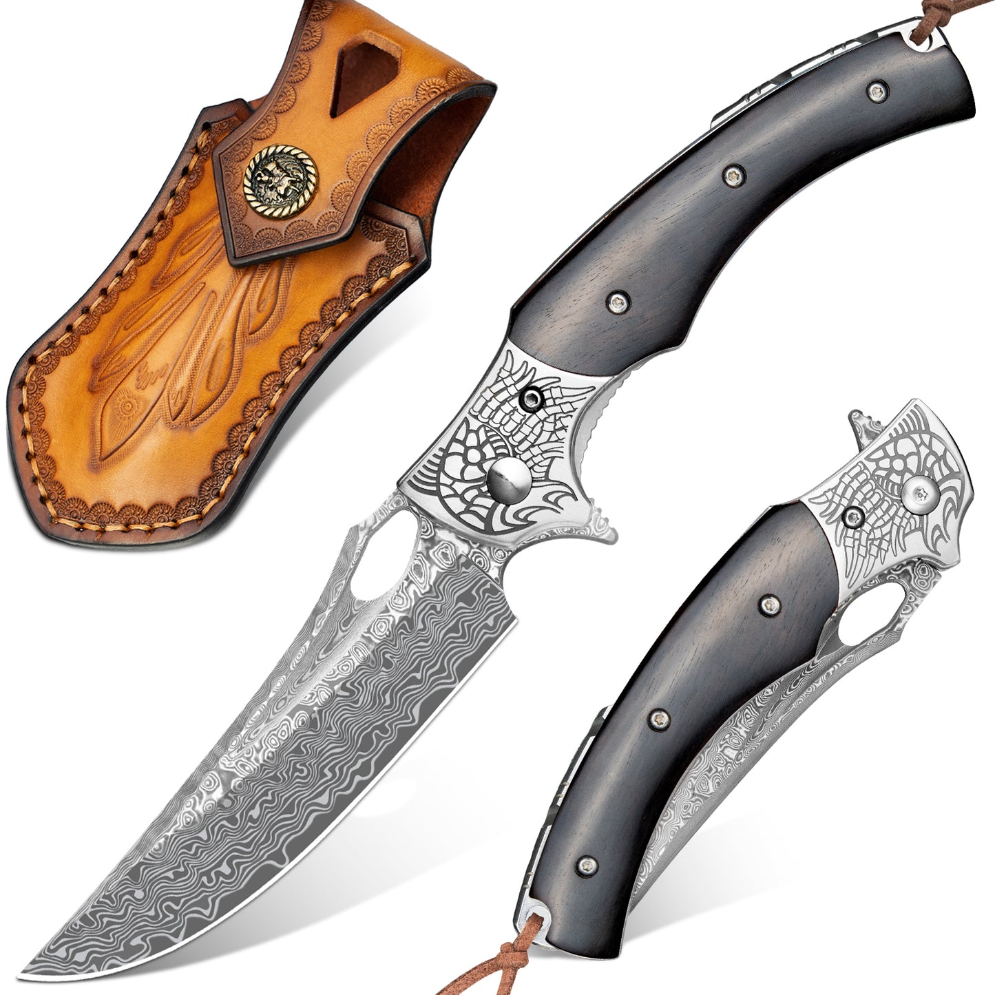 Couteau de poche LOTHAR KRAKEN, couteau pliant Damas en 67 couches d'acier Damas VG10, couteau de poche Damas avec lame tranchante et manche en ébène, couteau Damas pour collection ou cadeau (ébène)