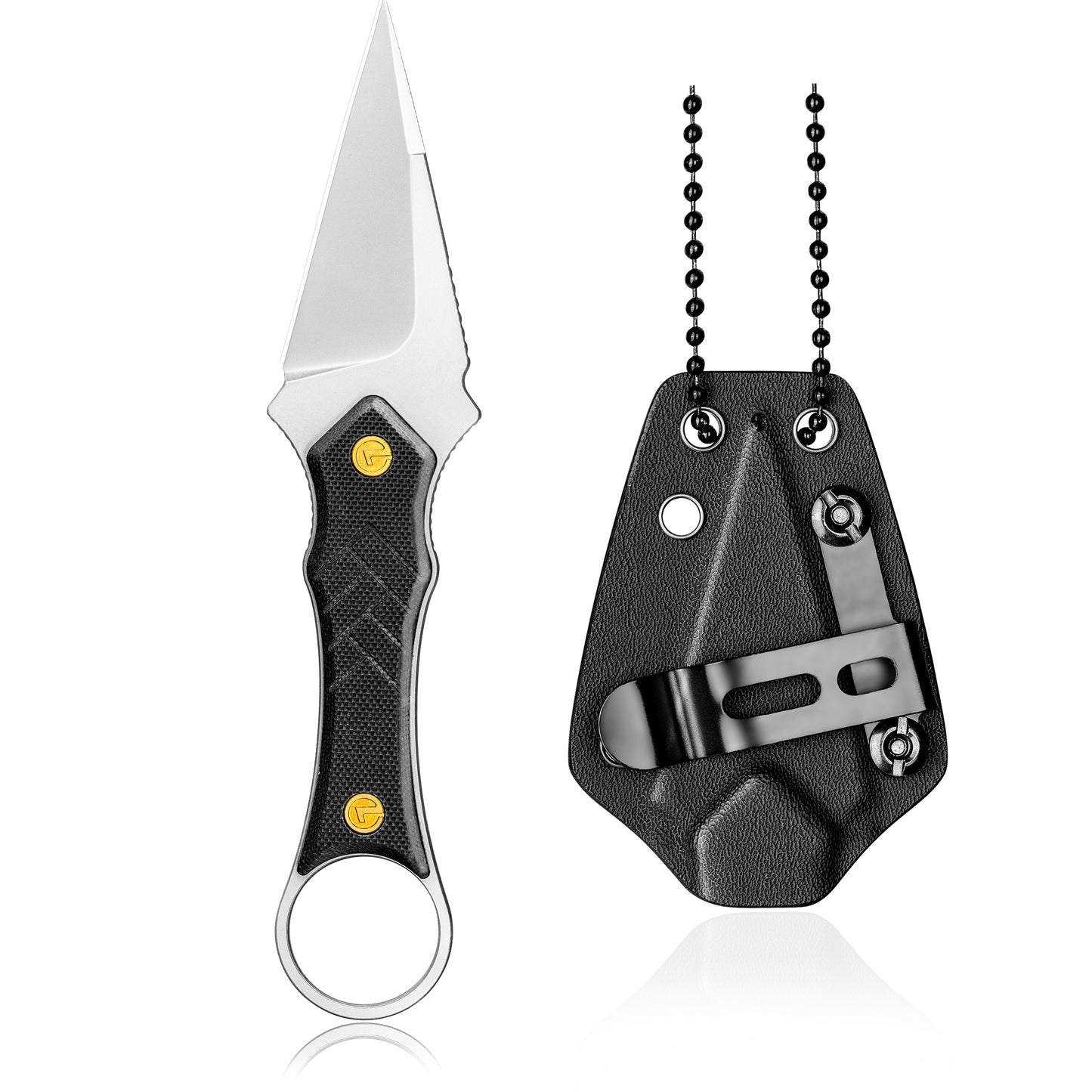 LOTHAR PORCUPINE 14C28N Couteau tour de cou en acier, 42A Petit couteau à lame fixe Fulltang avec manche G10, Couteau d'extérieur avec étui Kydex et clip de ceinture (Lame noire)