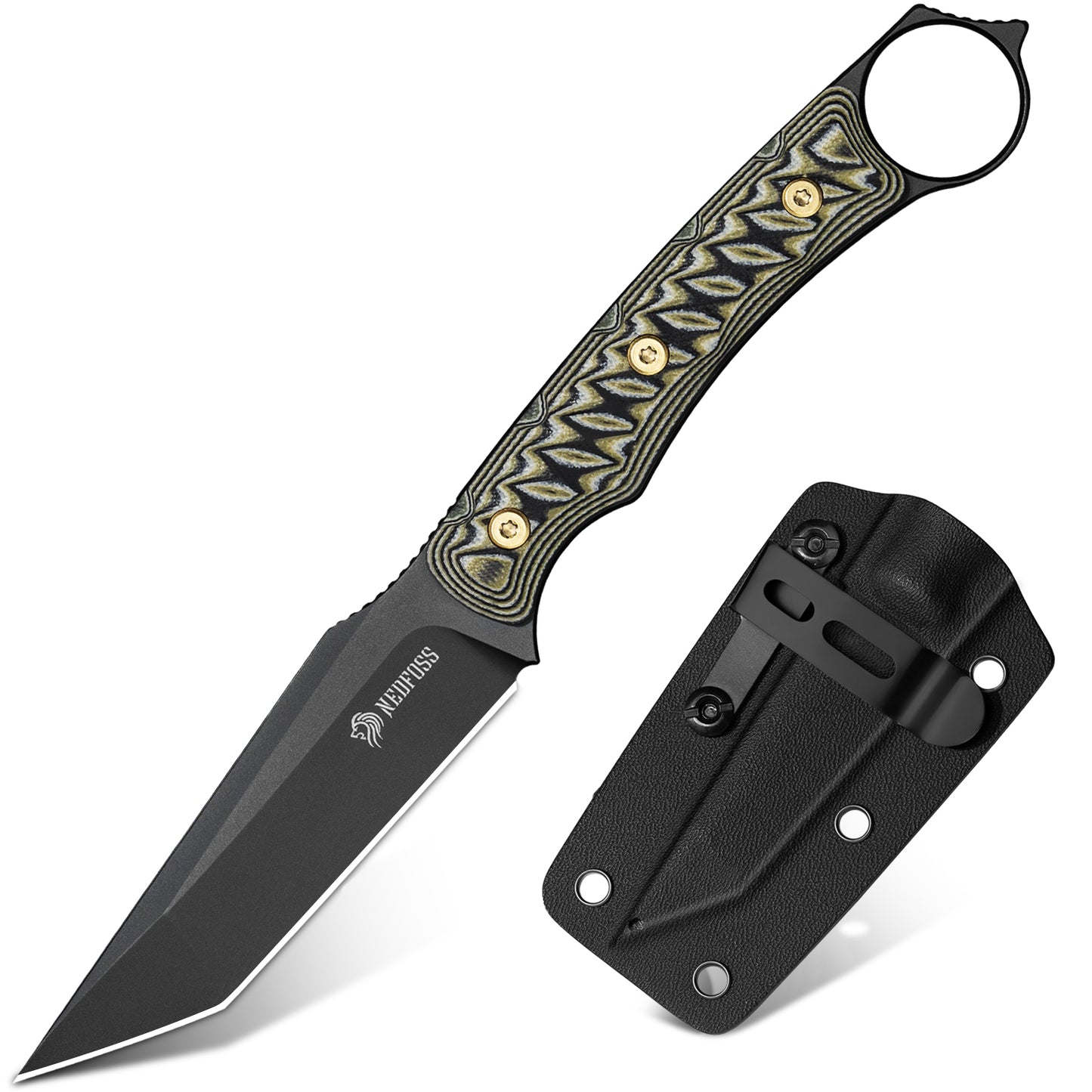 NedFoss PIONEER Hunting Knife, 8.5cm 14C28N Steel Full Tang Legal Outdoor Knife with G10 Handle & Adjustable Clip, Small Survival Knife with Kydex Sheath, Bushcraft Knife 42a Compliant, EDC Knife