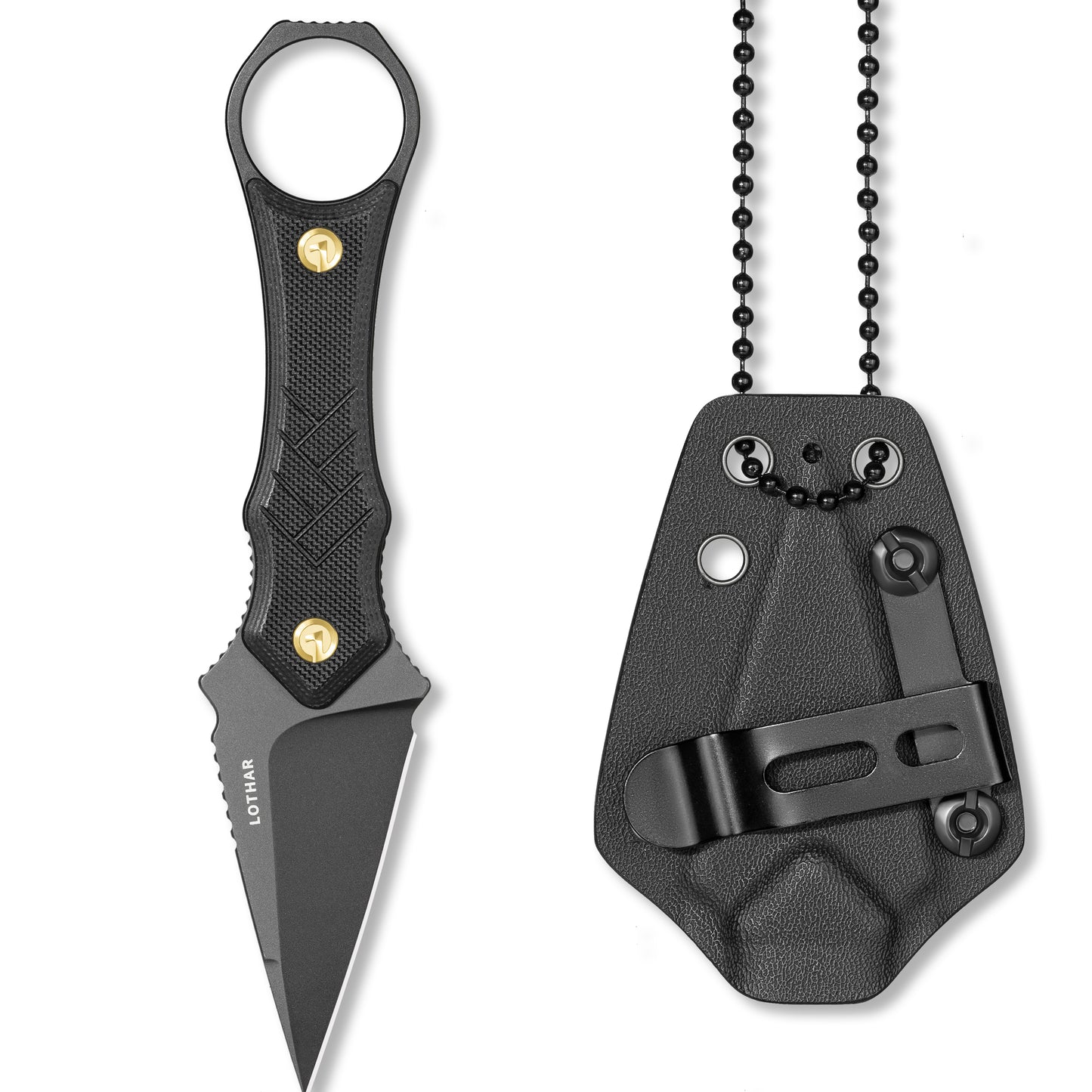 LOTHAR PORCUPINE 14C28N Couteau tour de cou en acier, 42A Petit couteau à lame fixe Fulltang avec manche G10, Couteau d'extérieur avec étui Kydex et clip de ceinture (Lame noire)