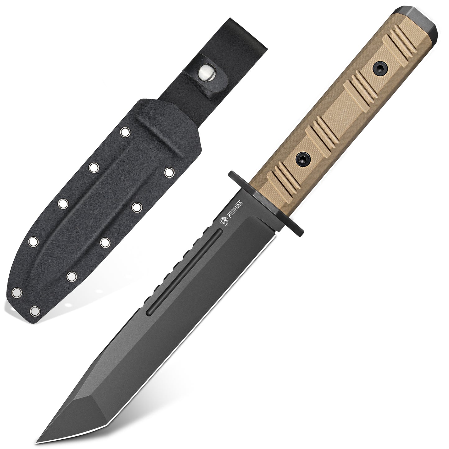 NedFoss BRAVE Bowie Knife, 17.2CM D2 Steel FULL TANG Outdoor Knife with G10 Handle & Kydex Sheath, Survival Knife with Titanium, Large Hunting Knife, Bushcraft Knife for Camping, Gift, Collection