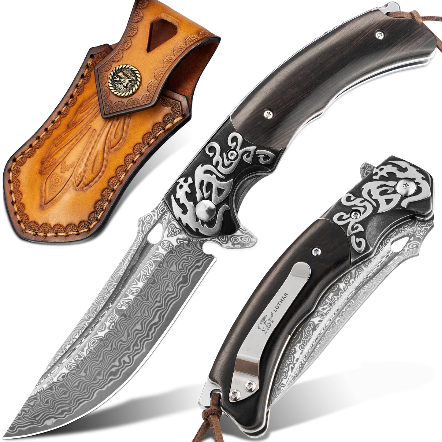 Couteau pliant en acier Damas LOTHAR RHAEGAL, couteau de poche extérieur de haute qualité en acier Damas VG10 à 67 couches, couteau de poche Damas haut de gamme avec manche en bois pour la chasse, idéal comme collection et cadeau (Bois de rose)