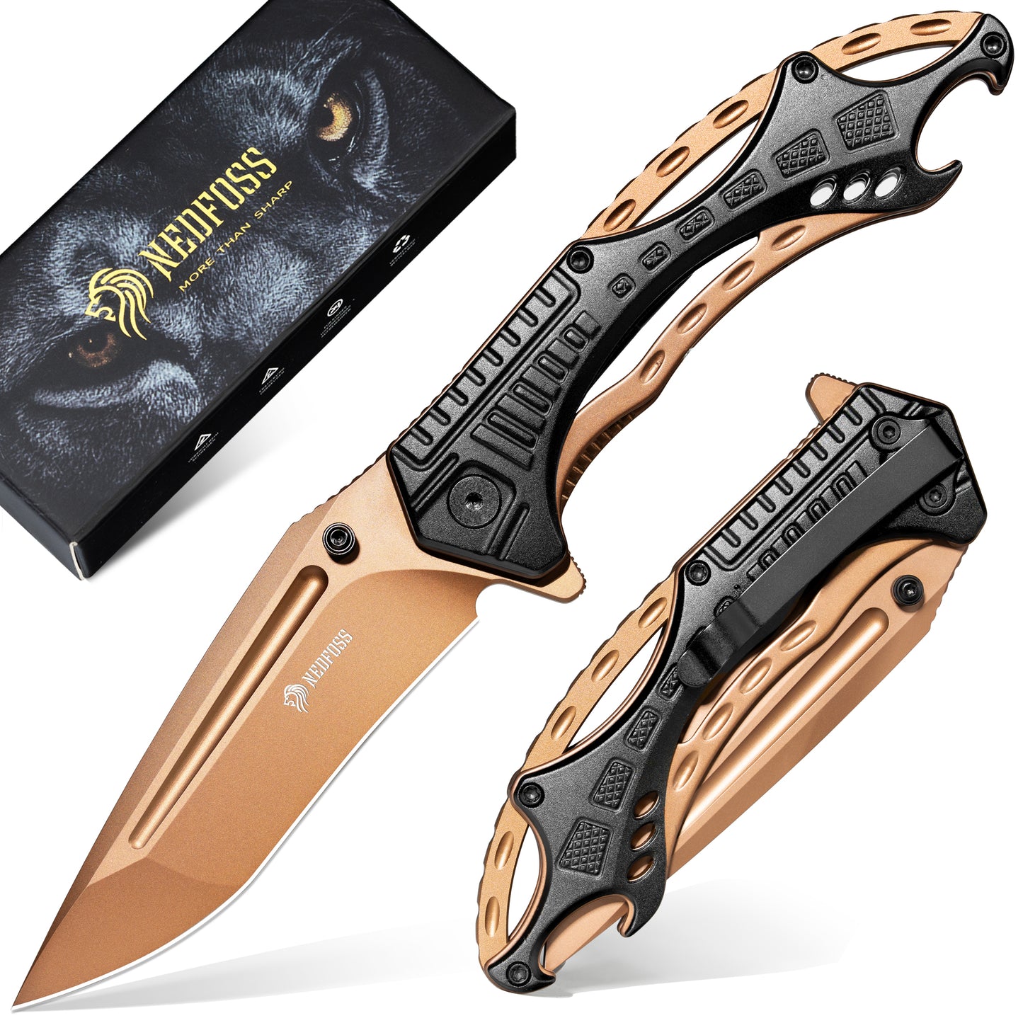 NedFoss Couteau Pliant, Couteau à Ouverture à une Main de 9cm en Acier D2 avec Poignée en Aluminium, Couteau de Poche avec Verrouillage Liner Lock, Couteau d'Extérieur avec Clip, Couteau de Survie pour Collection et Cadeau