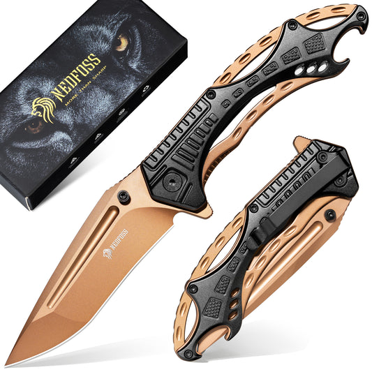 NedFoss Folding Knife, 9cm D2 Steel One-Handed Knife with Aluminum Handle, Pocket Knife with Liner Lock, Outdoor Knife with Clip, Survival Knife for Collection & Gift