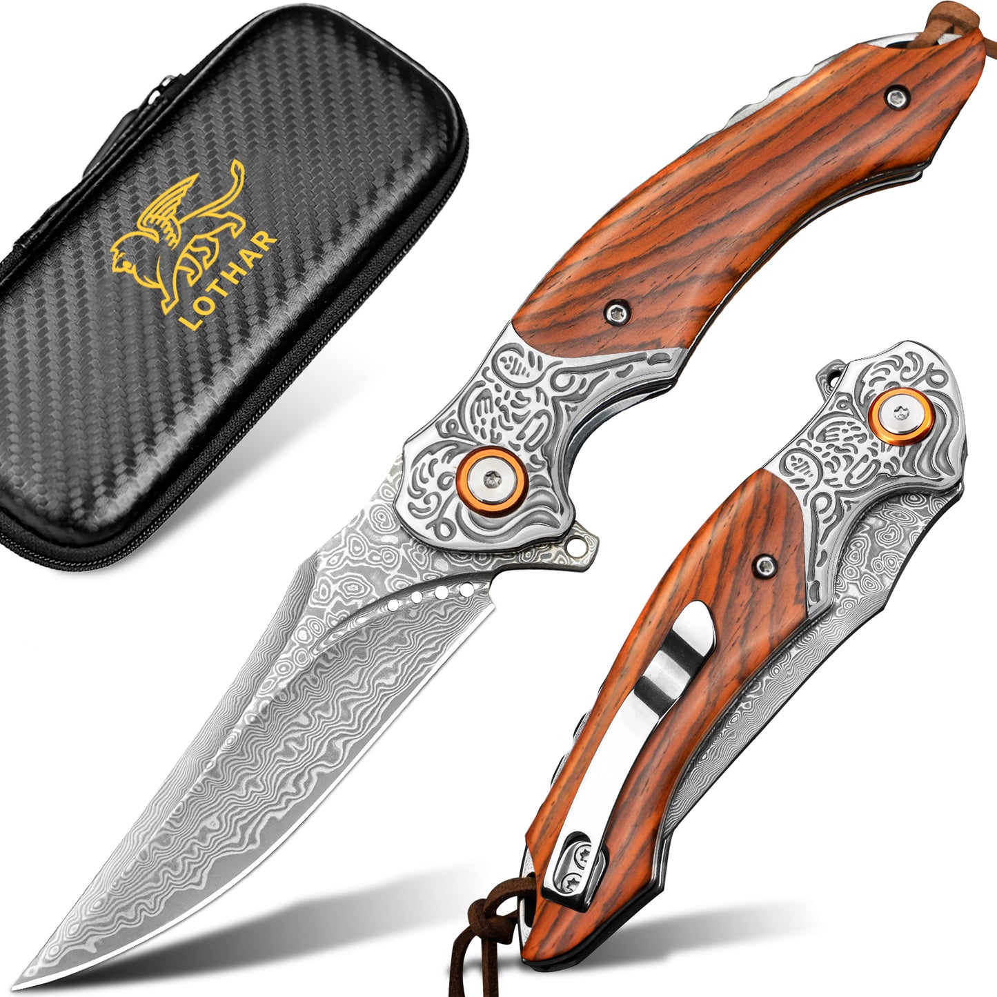LOTHAR TUNA Damascus Folding Knife, Damascus Pocket Knife Made of 67 Layers of VG10 Damascus Steel, One-Handed Knife with Sharp Blade and Rosewood Handle, Belt Clip, for Collection or Gift