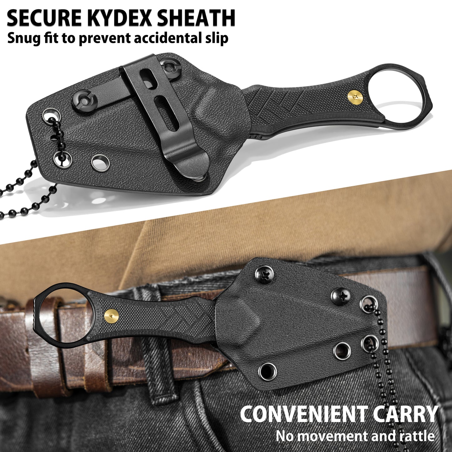 LOTHAR PORCUPINE 14C28N Couteau tour de cou en acier, 42A Petit couteau à lame fixe Fulltang avec manche G10, Couteau d'extérieur avec étui Kydex et clip de ceinture (Lame noire)
