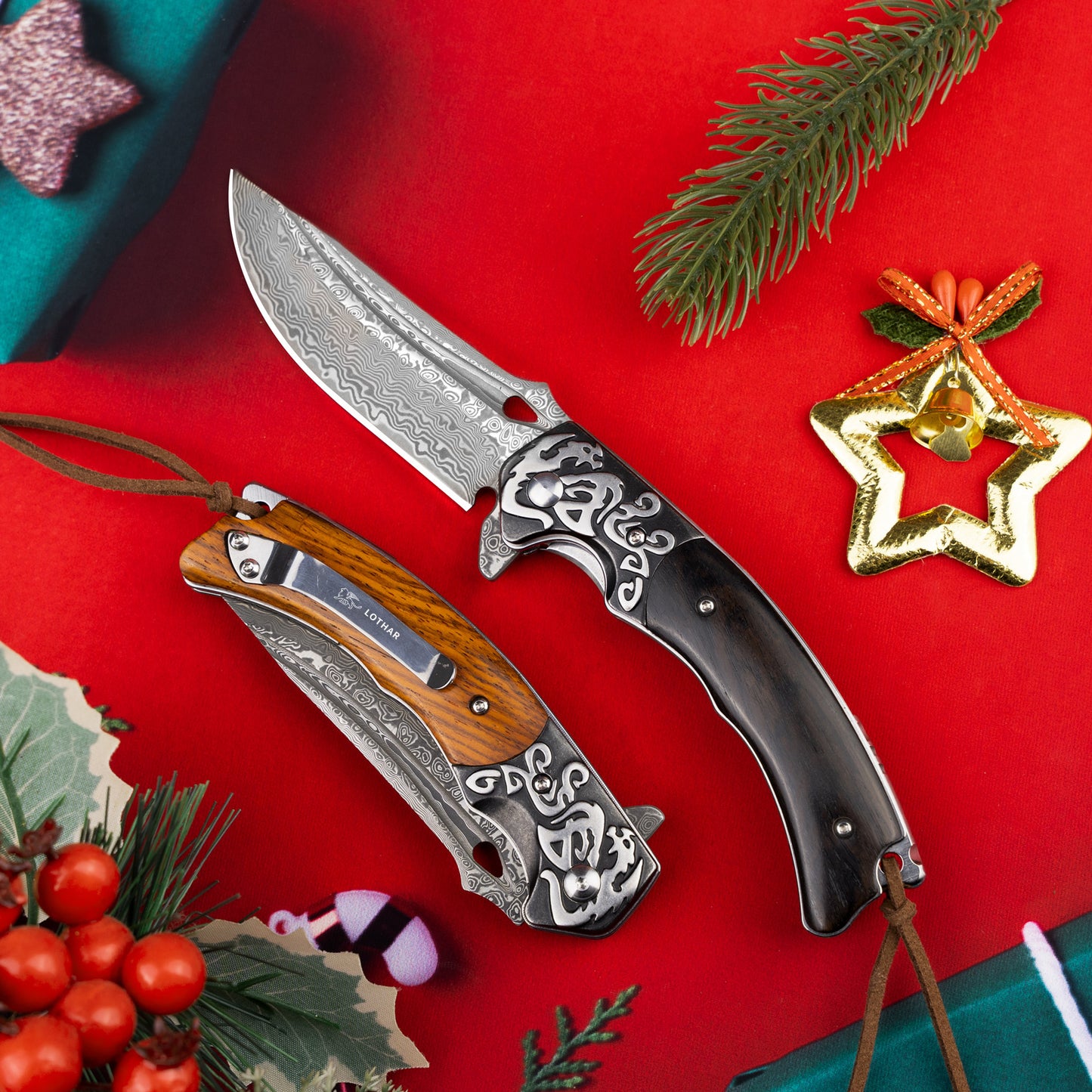 Couteau pliant en acier Damas LOTHAR RHAEGAL, couteau de poche extérieur de haute qualité en acier Damas VG10 à 67 couches, couteau de poche Damas haut de gamme avec manche en bois pour la chasse, idéal comme collection et cadeau (Bois de rose)