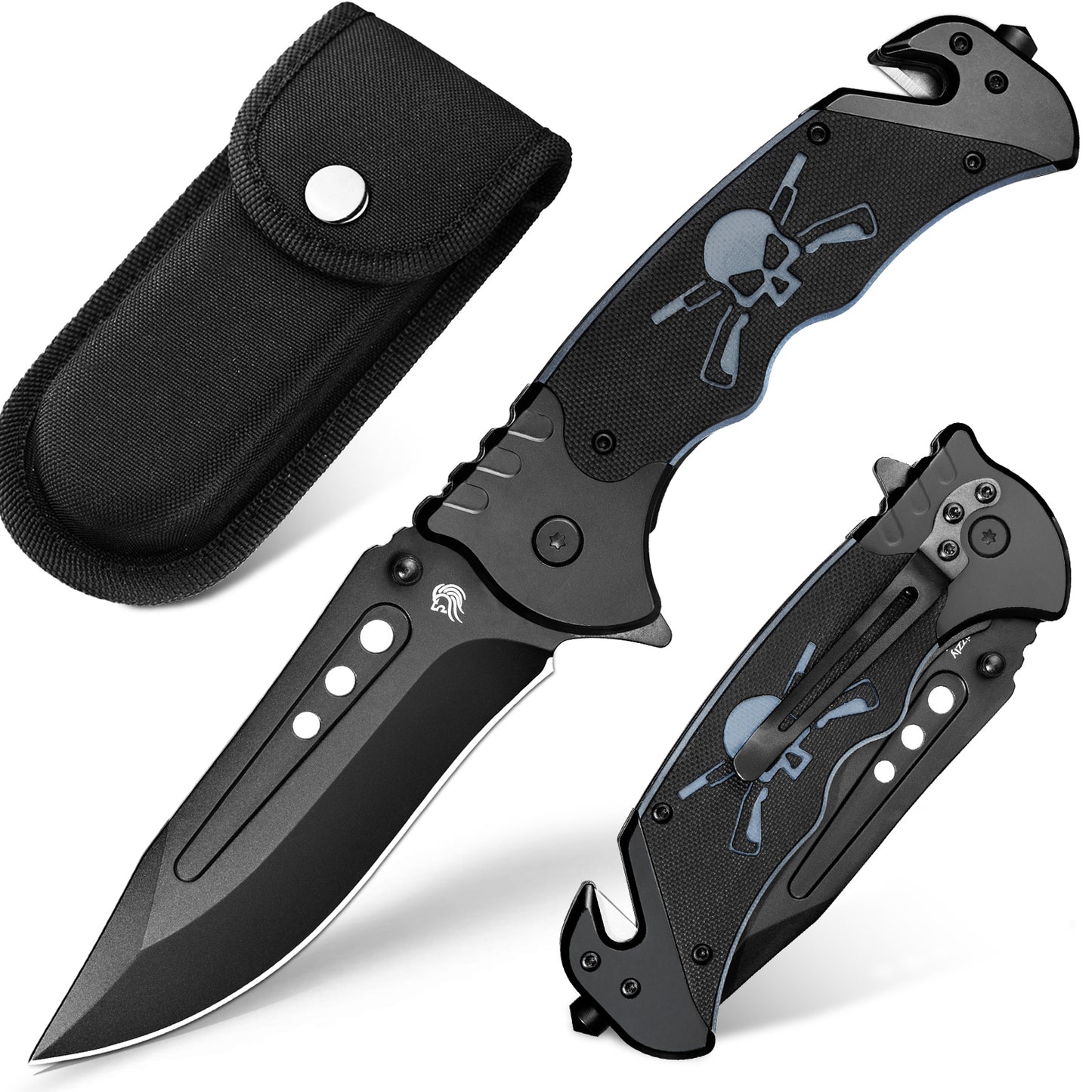 NedFoss GRIZZLY Couteau de poche 3 EN 1, couteau de sauvetage avec coupe-ceinture et brise-vitre, couteau pliant avec clip ceinture, couteau de survie extérieur pour voiture, couteau à une main, couteau de survie, couteau de sauvetage