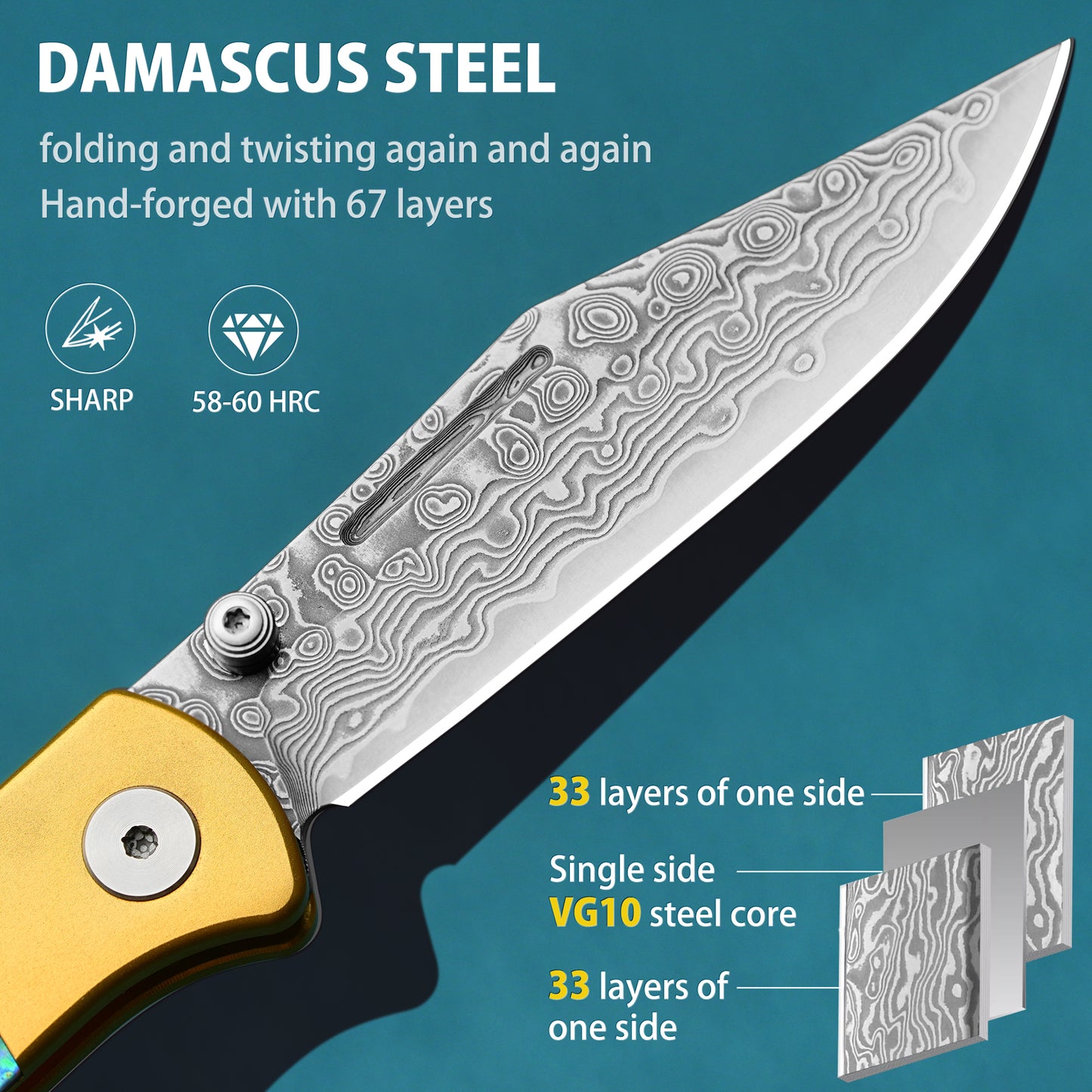 Damascus Handmade Folding Knife with Button Lock, Forged Damascus Steel, Abalone Shell Handle, and VG10 Steel