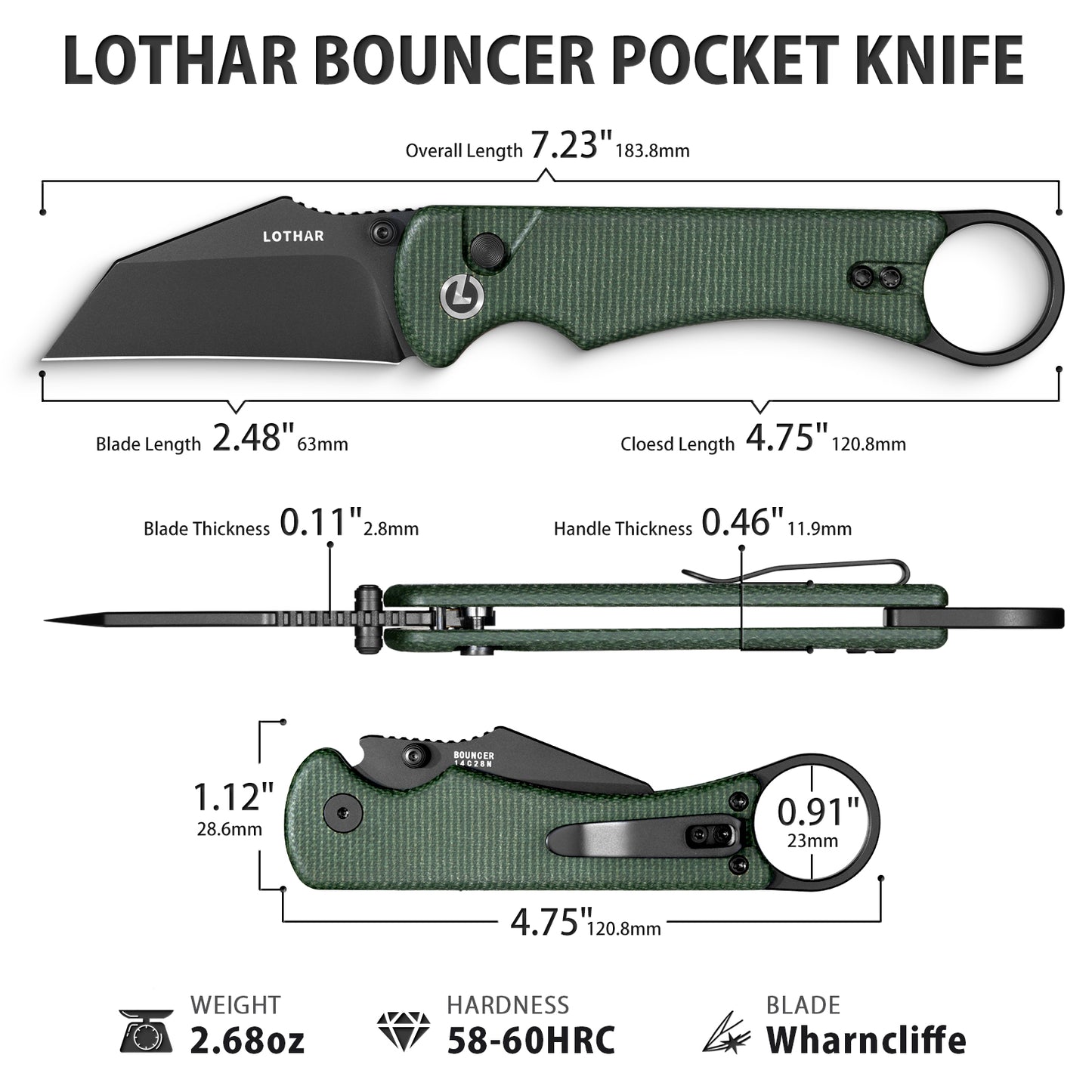 LOTHAR BOUNCER 2.48" 14C28N Steel Tactical Folding Knife with Micarta Handle, Reversible Pocket Clip