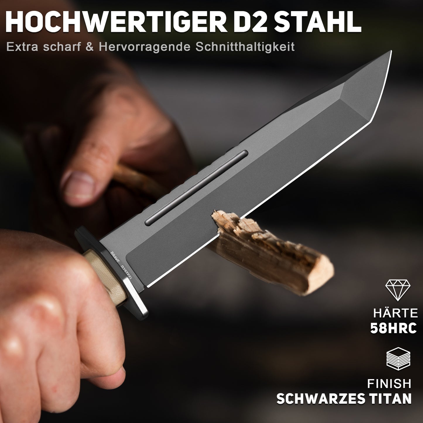 NedFoss BRAVE Bowie Knife, 17.2CM D2 Steel FULL TANG Outdoor Knife with G10 Handle & Kydex Sheath, Survival Knife with Titanium, Large Hunting Knife, Bushcraft Knife for Camping, Gift, Collection