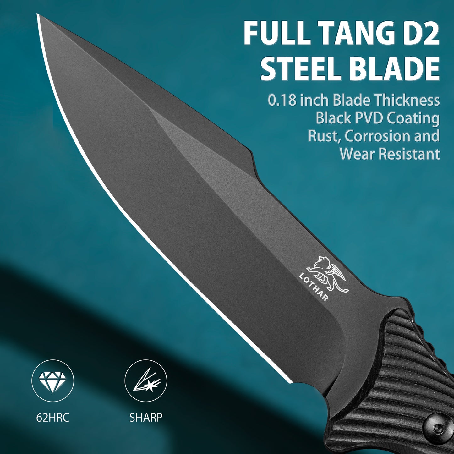 LOTHAR Couteau de survie pour homme, lame D2 pleine soie, lame fixe, couteau de chasse avec étui Kydex et manche G10, couteau de chasse pour le camping et les activités de plein air, cadeau de Noël pour homme, papa, mari