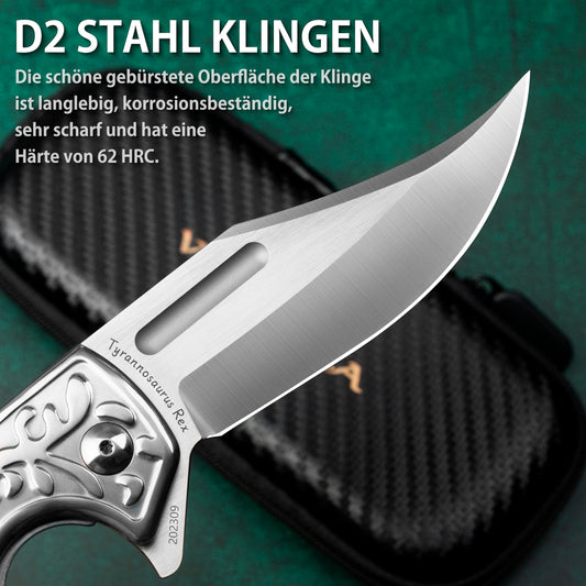 LOTHAR D2 Steel Folding Knife, One-Handed Knife with G10 Handle, Pocket Knife with Belt Clip, Large Outdoor Knife, Suitable for Collection (TYRANNOSAURUS REX)