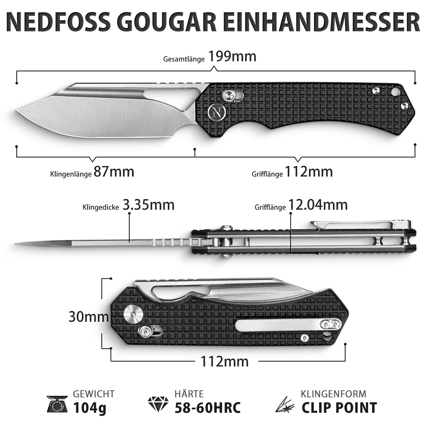 NedFoss COUGAR Folding Knife, 8.7cm 14C28N Steel Pocket Knife with Crossbar Lock, One-Handed Knife with G10 Handle, Outdoor Knife with Belt Clip, Survival Knife for Everyday Use, Collection & Gift