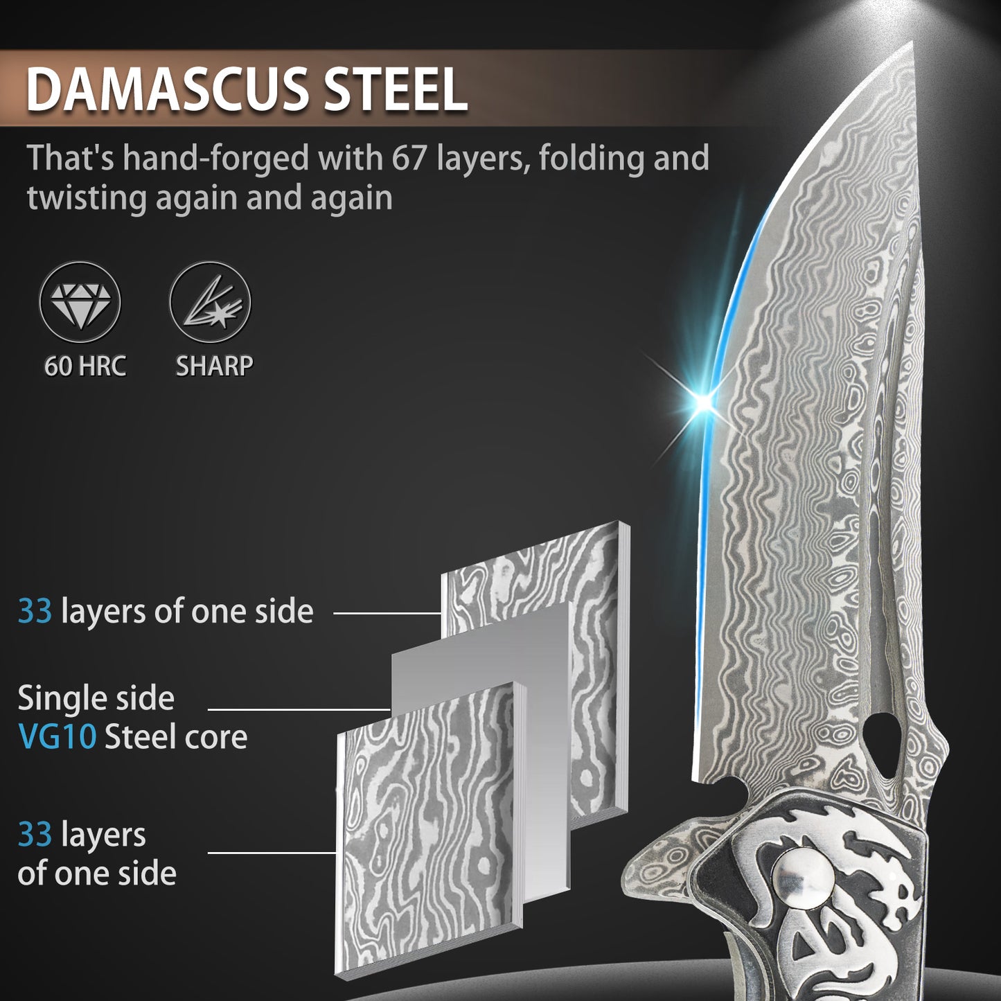 Couteau pliant en acier Damas LOTHAR RHAEGAL, couteau de poche extérieur de haute qualité en acier Damas VG10 à 67 couches, couteau de poche Damas haut de gamme avec manche en bois pour la chasse, idéal comme collection et cadeau (Bois de rose)