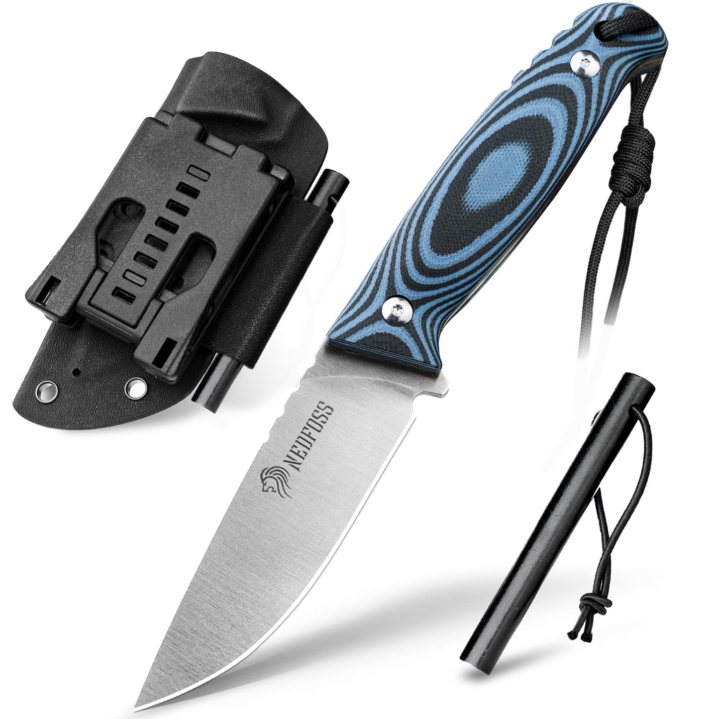 Couteau d'extérieur NedFoss HYENAS, couteau de survie pleine soie de 9 cm avec étui Kydex, couteau de bushcraft tranchant avec manche G10 antidérapant, couteau de chasse, couteau de randonnée