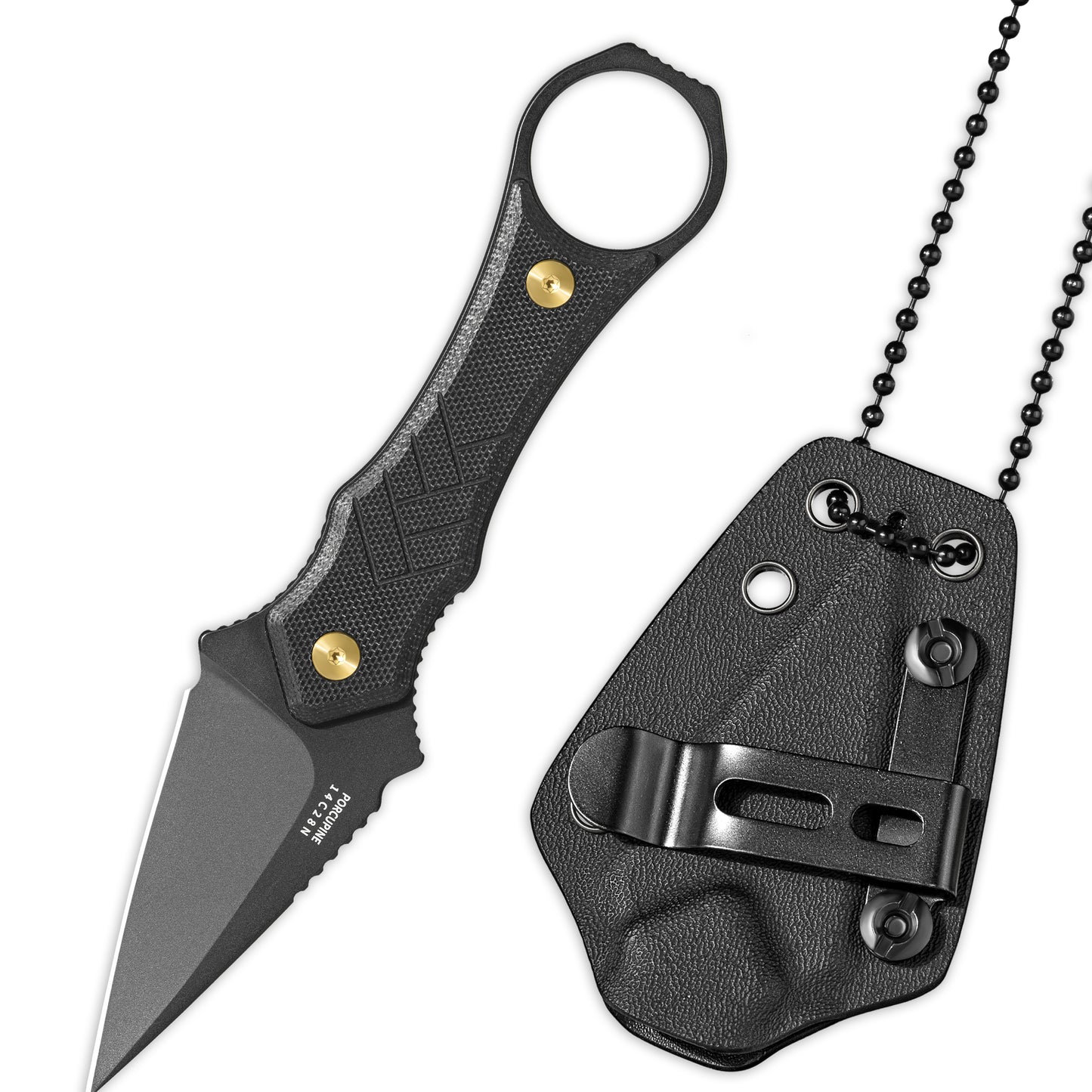 LOTHAR PORCUPINE 14C28N Couteau tour de cou en acier, 42A Petit couteau à lame fixe Fulltang avec manche G10, Couteau d'extérieur avec étui Kydex et clip de ceinture (Lame noire)